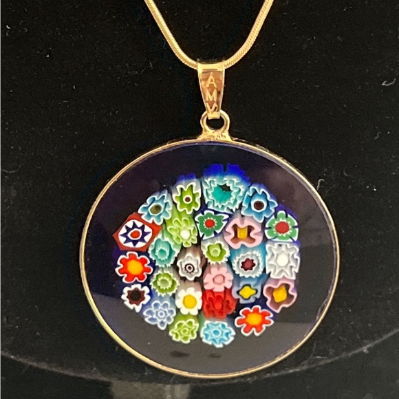 14k Italy Gold Necklace with Colorful Murano Glass Floral Pendant - Picture 2 of 8
